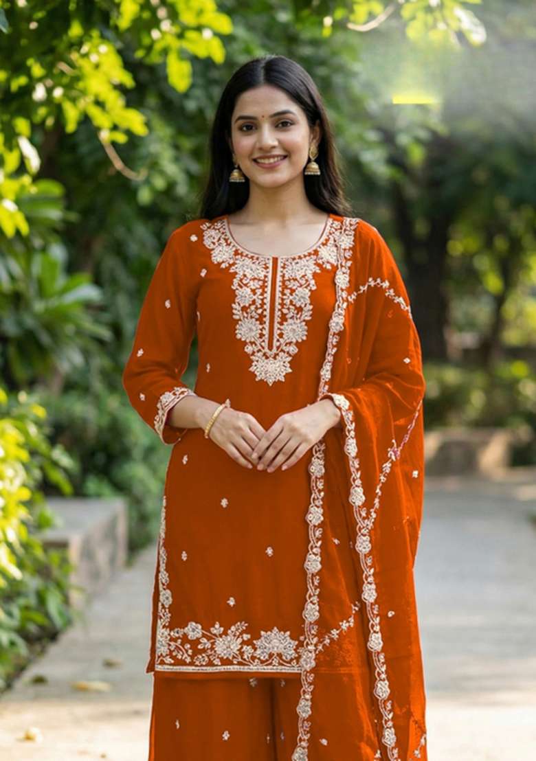 Orange Embroidered Silk Kurta Set - Indya