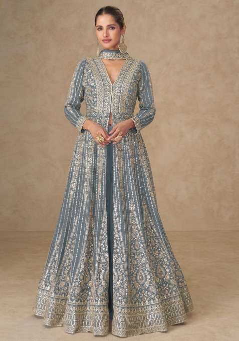 Grey Embroidered Silk Anarkali Set