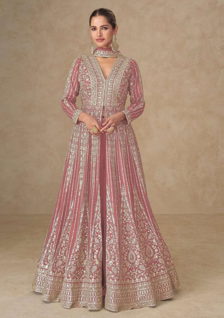 Peach Embroidered Silk Anarkali Set - Indya