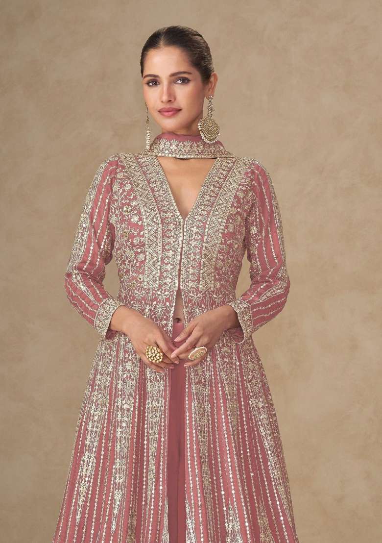 Peach Embroidered Silk Anarkali Set - Indya