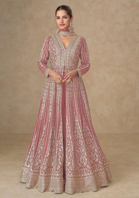 Peach Embroidered Silk Anarkali Set