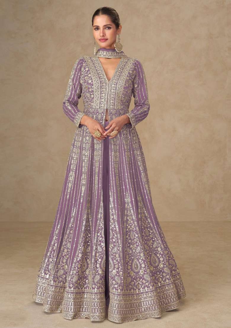 Lavender Embroidered Silk Anarkali Set - Indya
