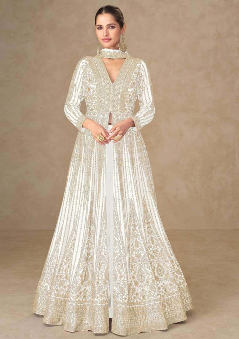 White Embroidered Silk Anarkali Set - Indya