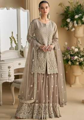 Cream Embroidered Net Kurta Set