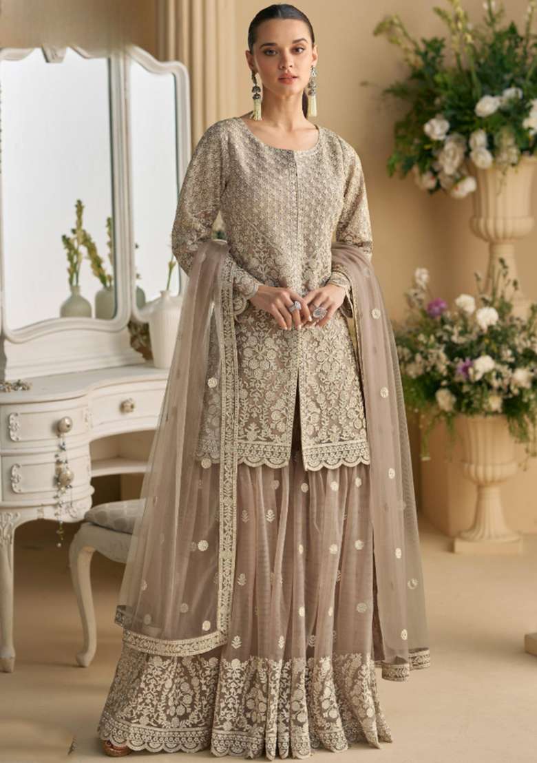 Cream Embroidered Net Kurta Set - Indya