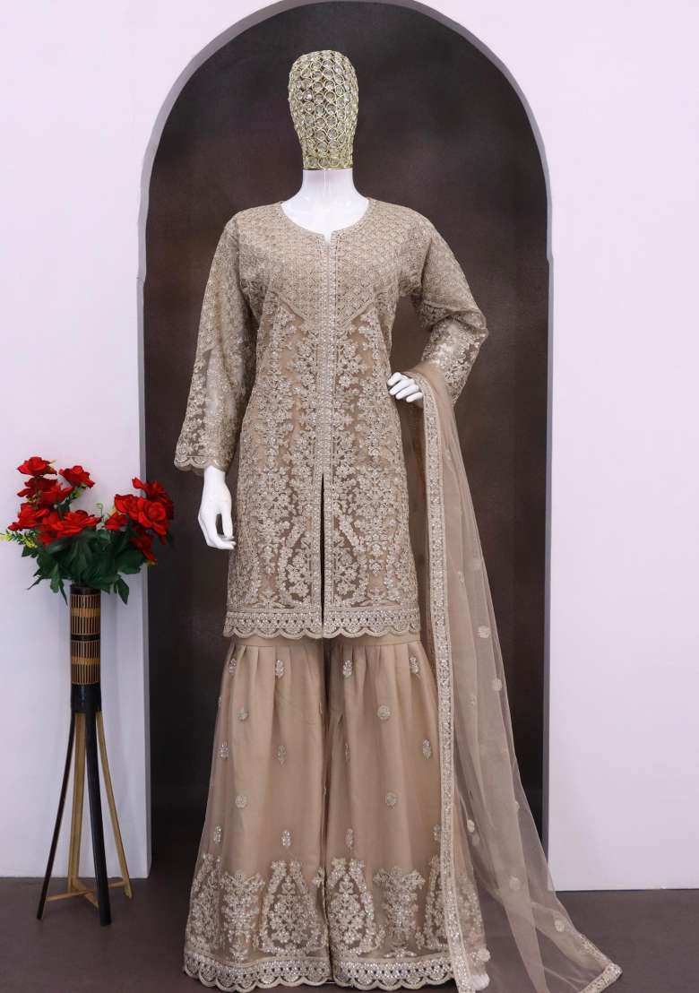 Cream Embroidered Net Kurta Set - Indya