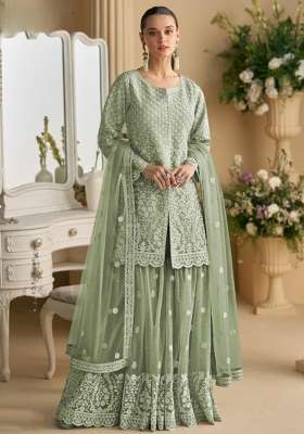 Green Embroidered Net Kurta Set
