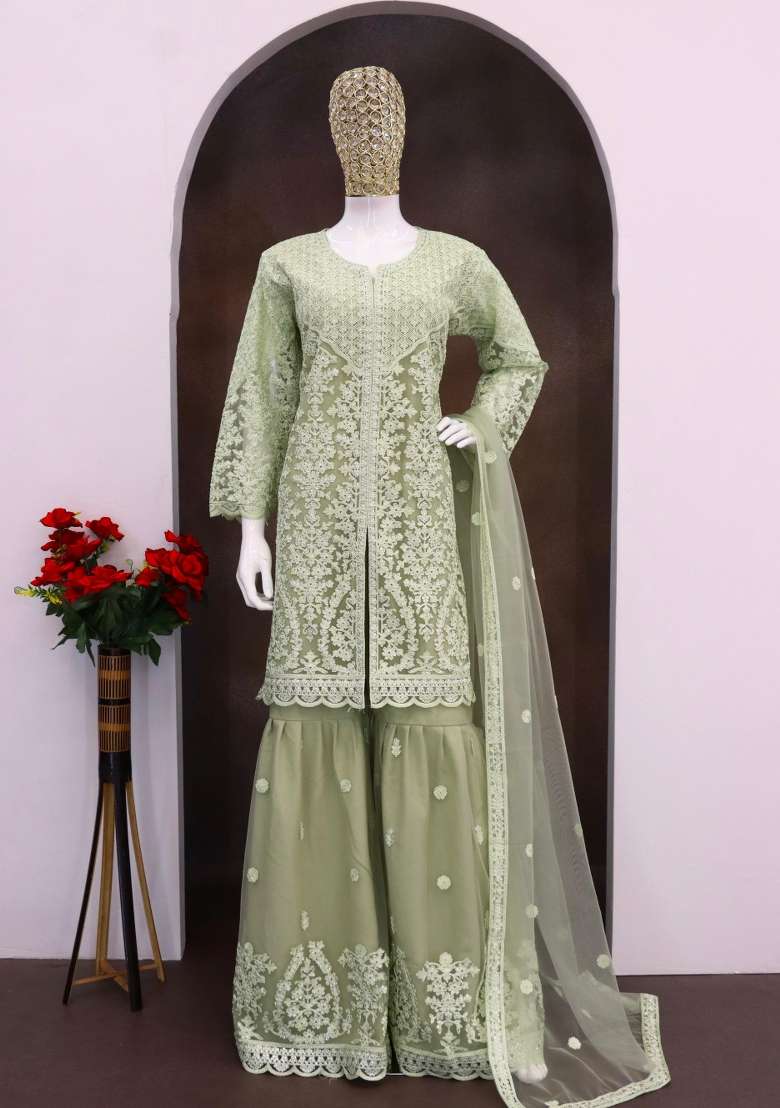 Green Embroidered Net Kurta Set - Indya