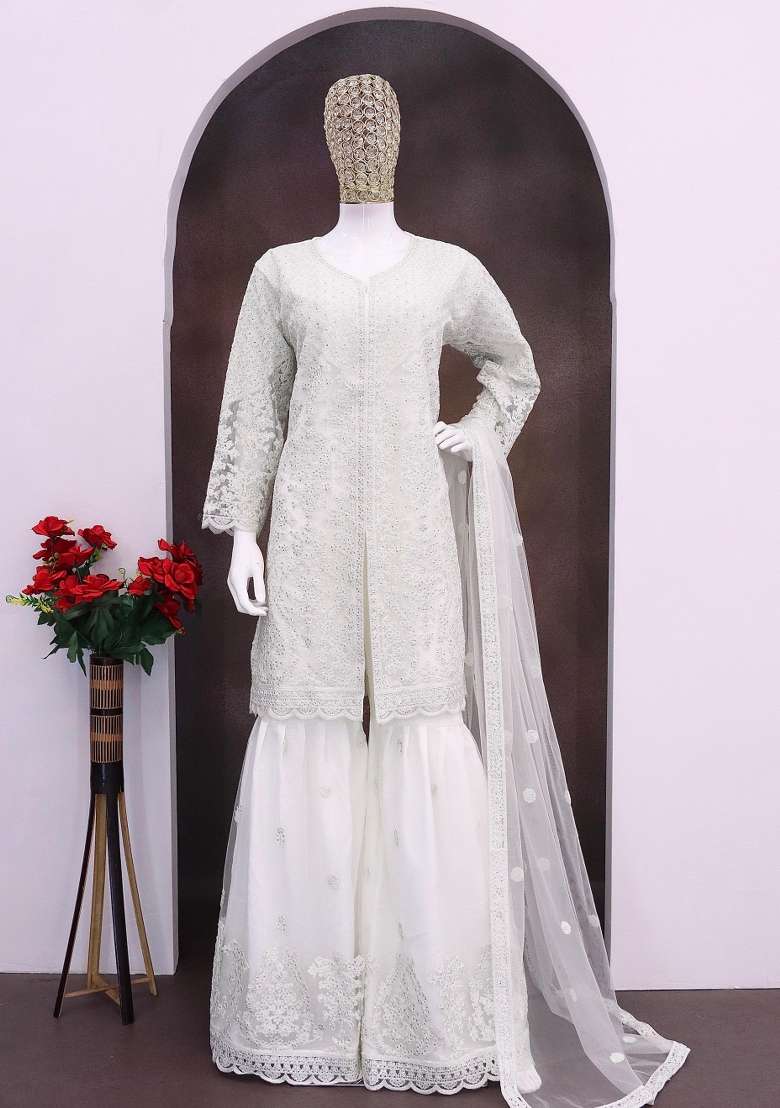 White Embroidered Net Kurta Set - Indya