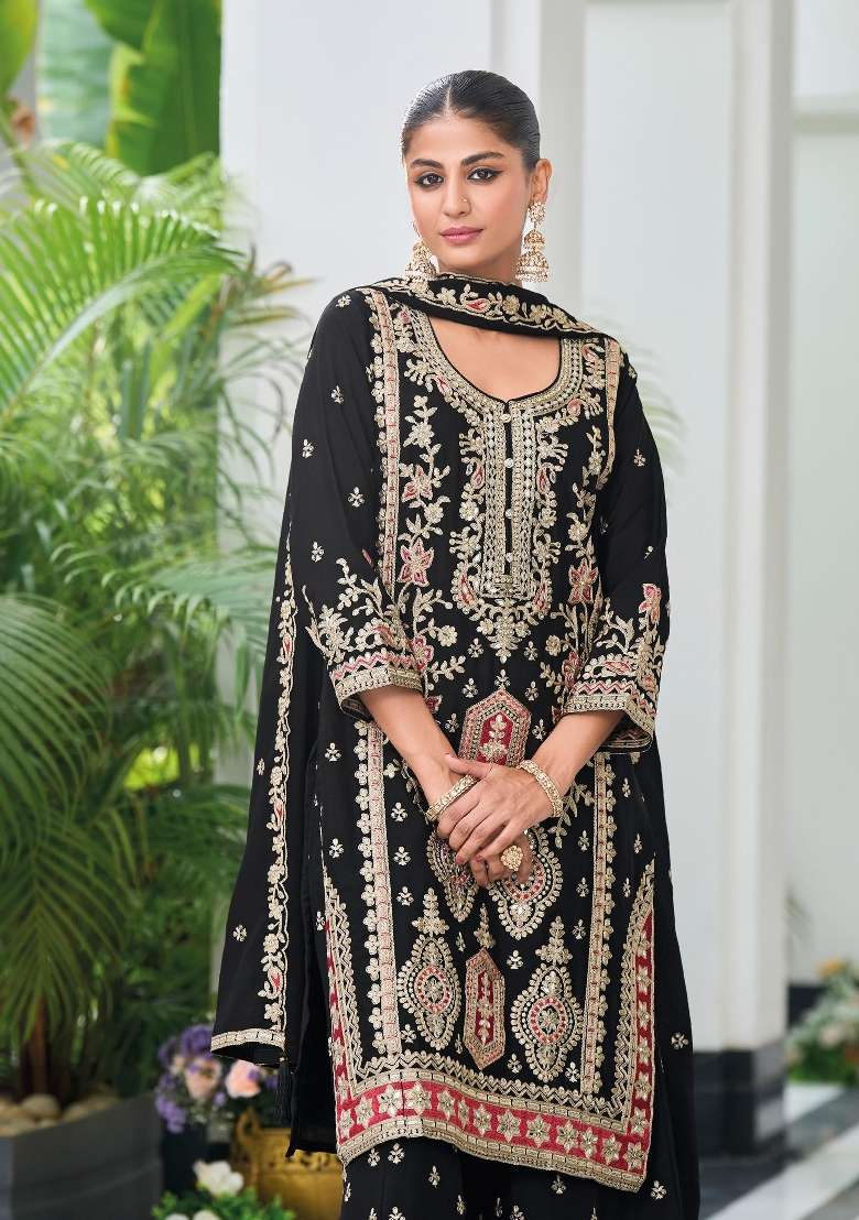 Black Embroidered Chiffon Kurta Set - Indya