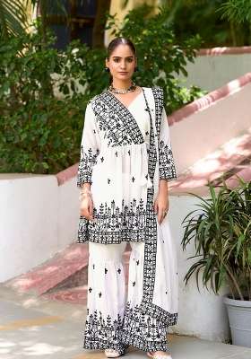 White Embroidered Silk Sharara Set