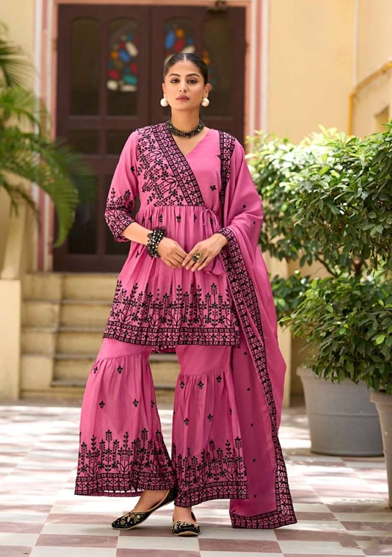 Rani Pink Embroidered Silk Sharara Set - Indya