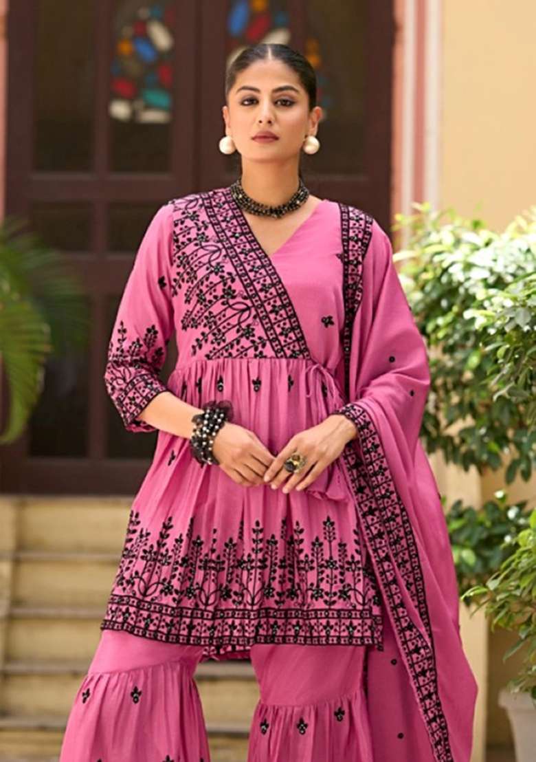 Rani Pink Embroidered Silk Sharara Set - Indya