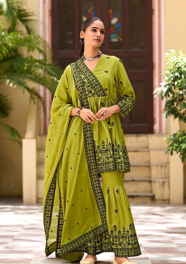 Mehendi Embroidered Silk Sharara Set - Indya