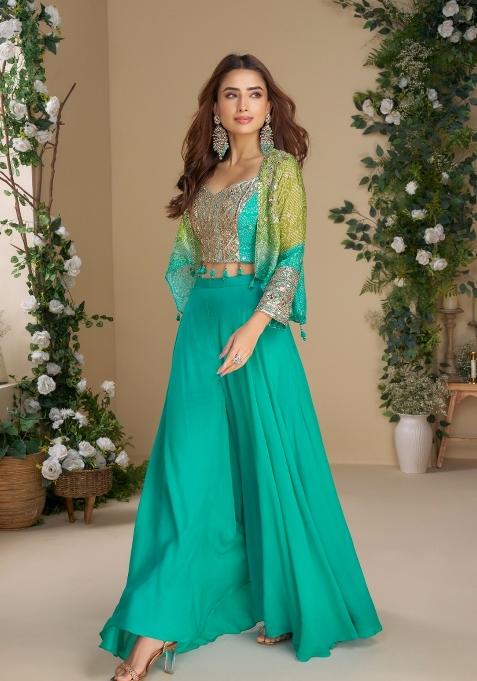 Teal Blue Printed Silk Indo Western