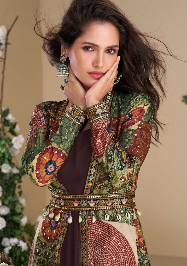 Brown Printed Georgette Anarkali With Shrug - Indya