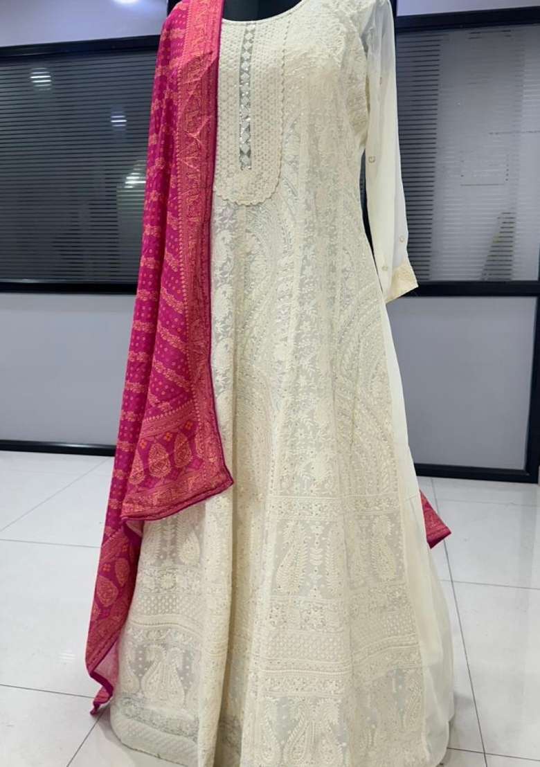 White Embroidered Georgette Anarkali With Dupatta - Indya