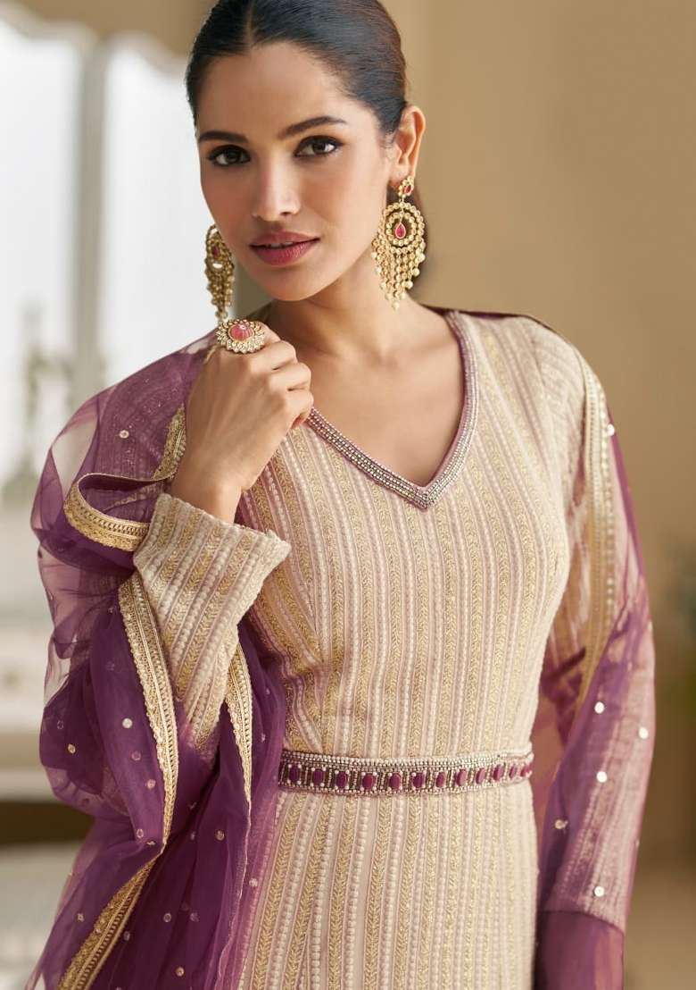 Cream Embroidered Georgette Anarkali With Dupatta - Indya