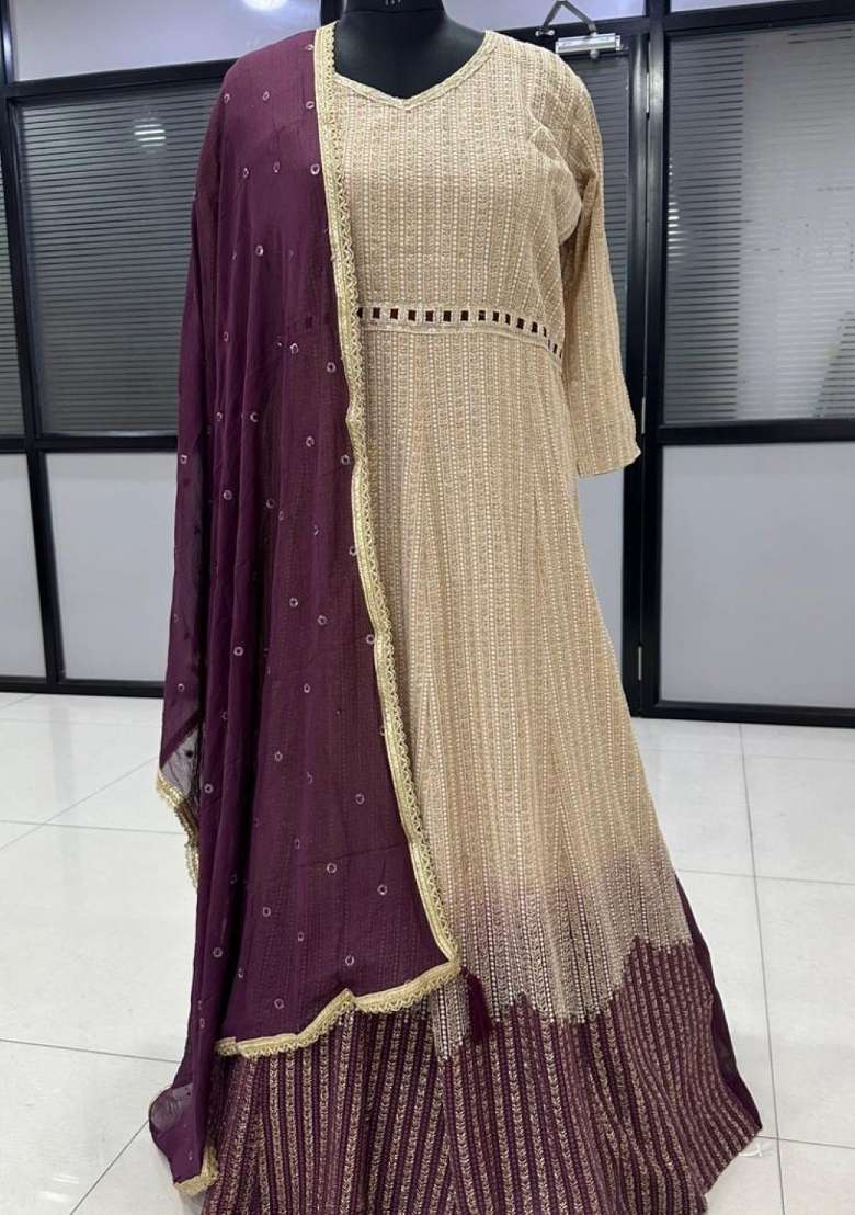 Cream Embroidered Georgette Anarkali With Dupatta - Indya