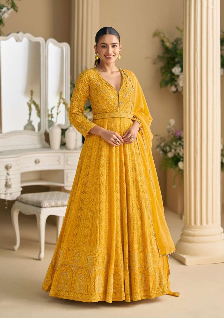 Yellow Embroidered Georgette Anarkali With Dupatta - Indya