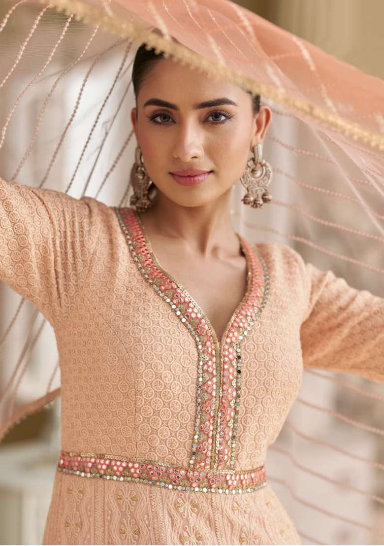 Peach Embroidered Georgette Anarkali With Dupatta - Indya
