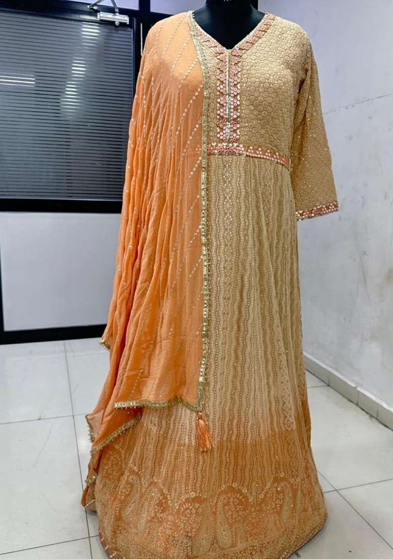 Peach Embroidered Georgette Anarkali With Dupatta - Indya