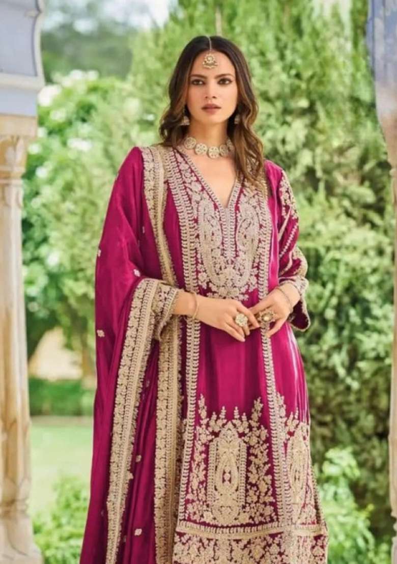 Rani Pink Embroidered Silk Kurta Set - Indya
