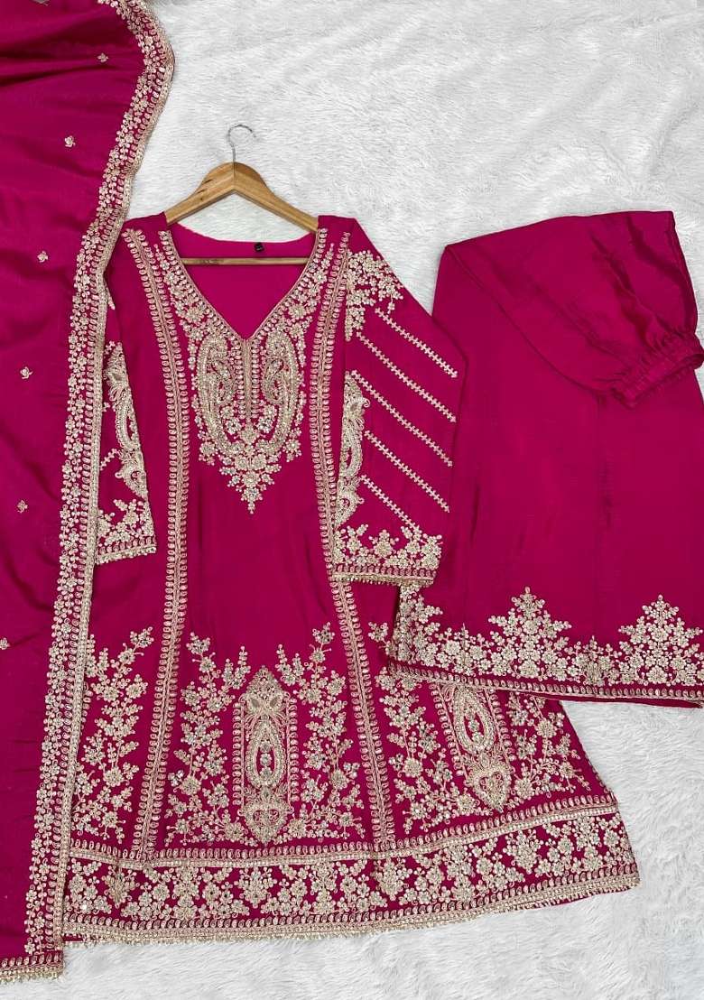 Rani Pink Embroidered Silk Kurta Set - Indya