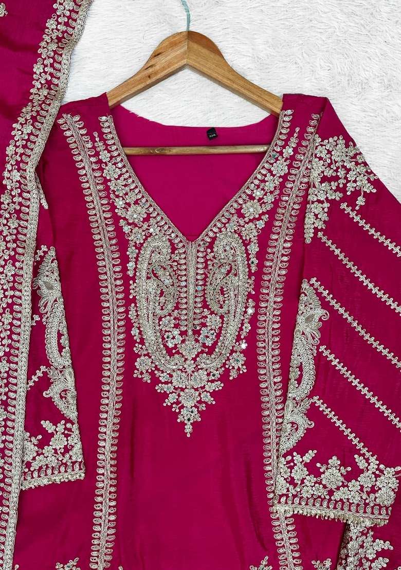 Rani Pink Embroidered Silk Kurta Set - Indya