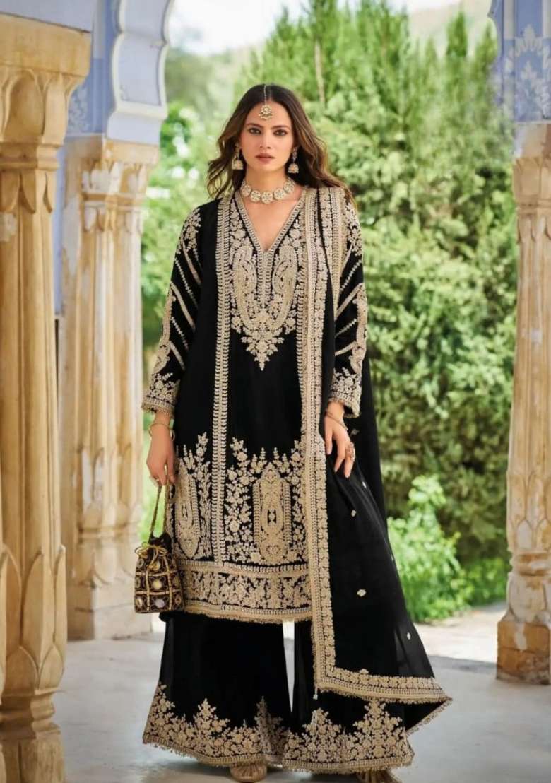 Black Embroidered Silk Kurta Set - Indya