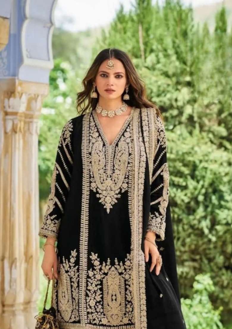 Black Embroidered Silk Kurta Set - Indya