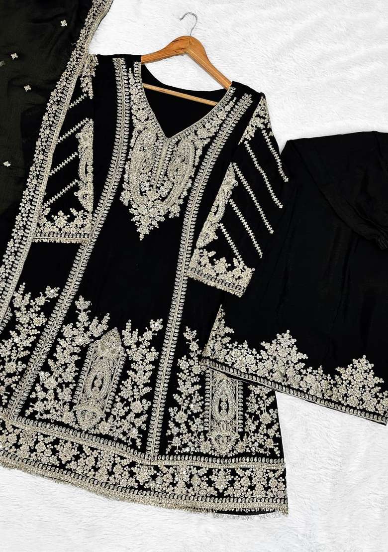 Black Embroidered Silk Kurta Set - Indya