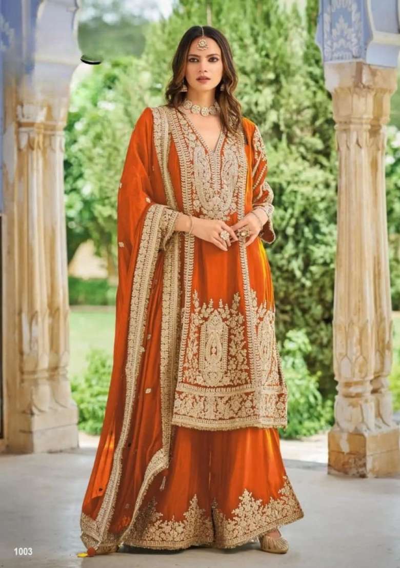 Orange Embroidered Silk Kurta Set - Indya