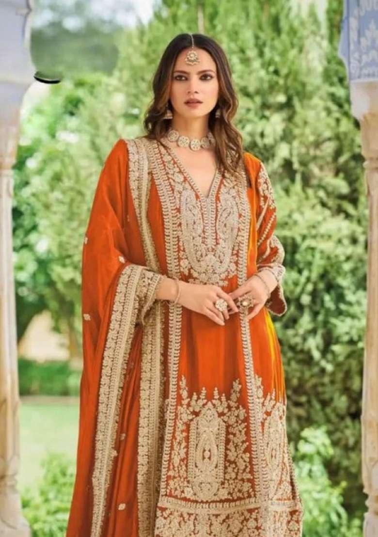 Orange Embroidered Silk Kurta Set - Indya
