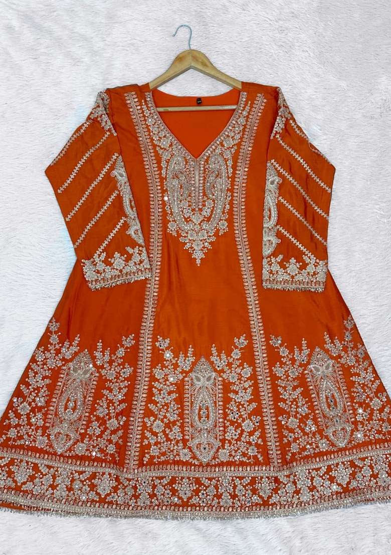 Orange Embroidered Silk Kurta Set - Indya