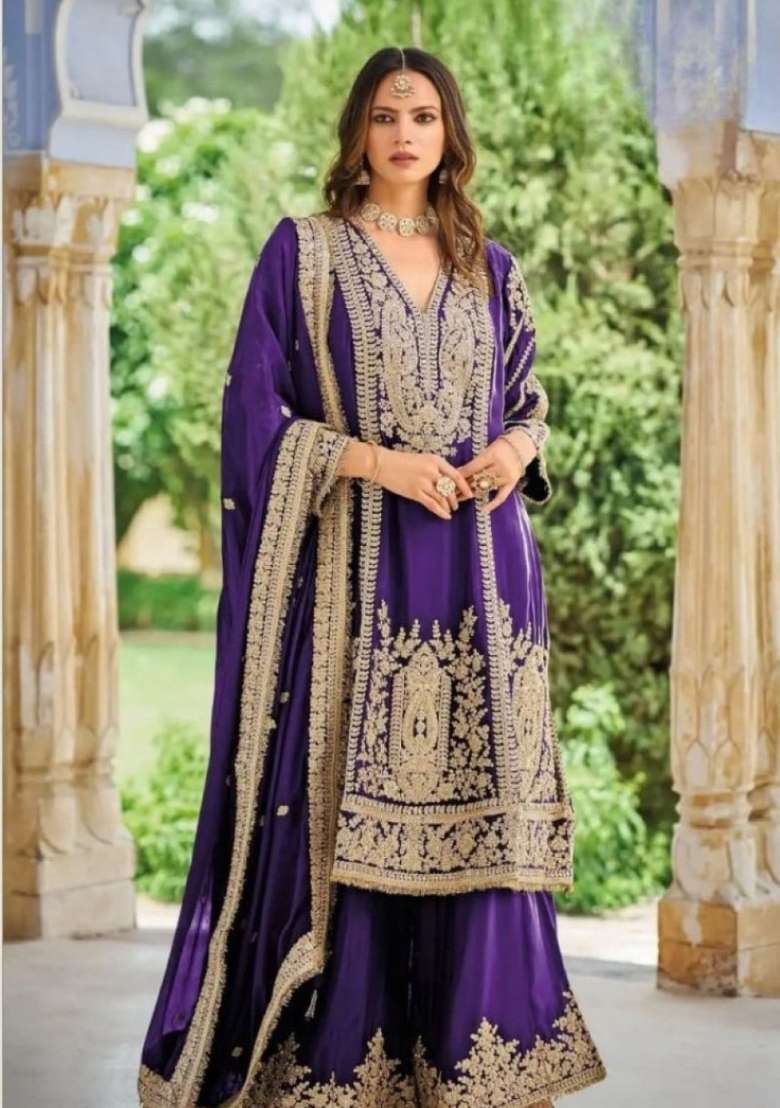 Violet Embroidered Silk Kurta Set - Indya