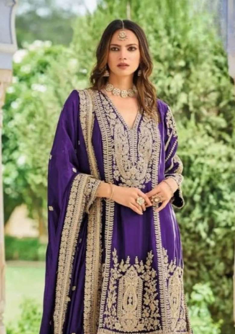 Violet Embroidered Silk Kurta Set - Indya