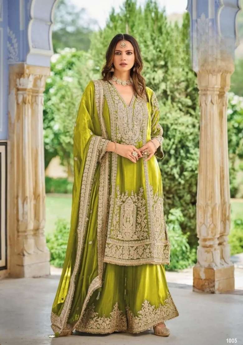 Olive Embroidered Silk Kurta Set - Indya