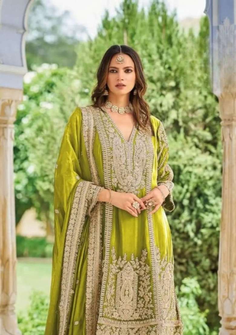 Olive Embroidered Silk Kurta Set - Indya