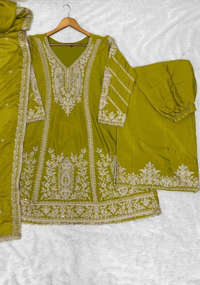 Olive Embroidered Silk Kurta Set - Indya