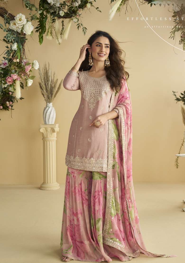 Pink Embroidered Silk Sharara Set - Indya