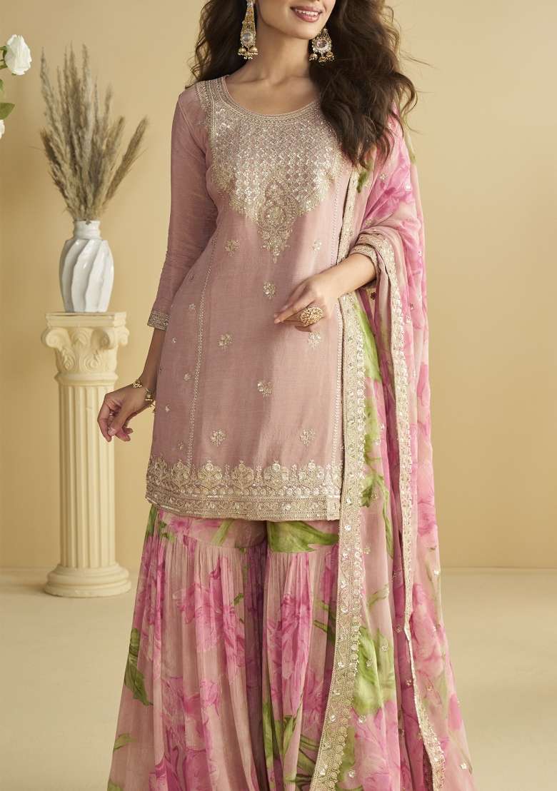 Pink Embroidered Silk Sharara Set - Indya