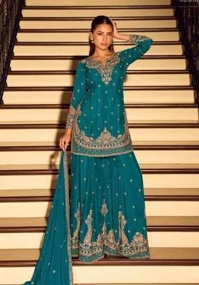 Teal Blue Embroidered Silk Kurta Set