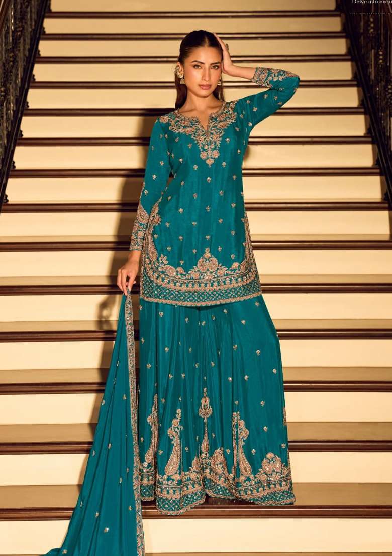 Teal Blue Embroidered Silk Kurta Set - Indya