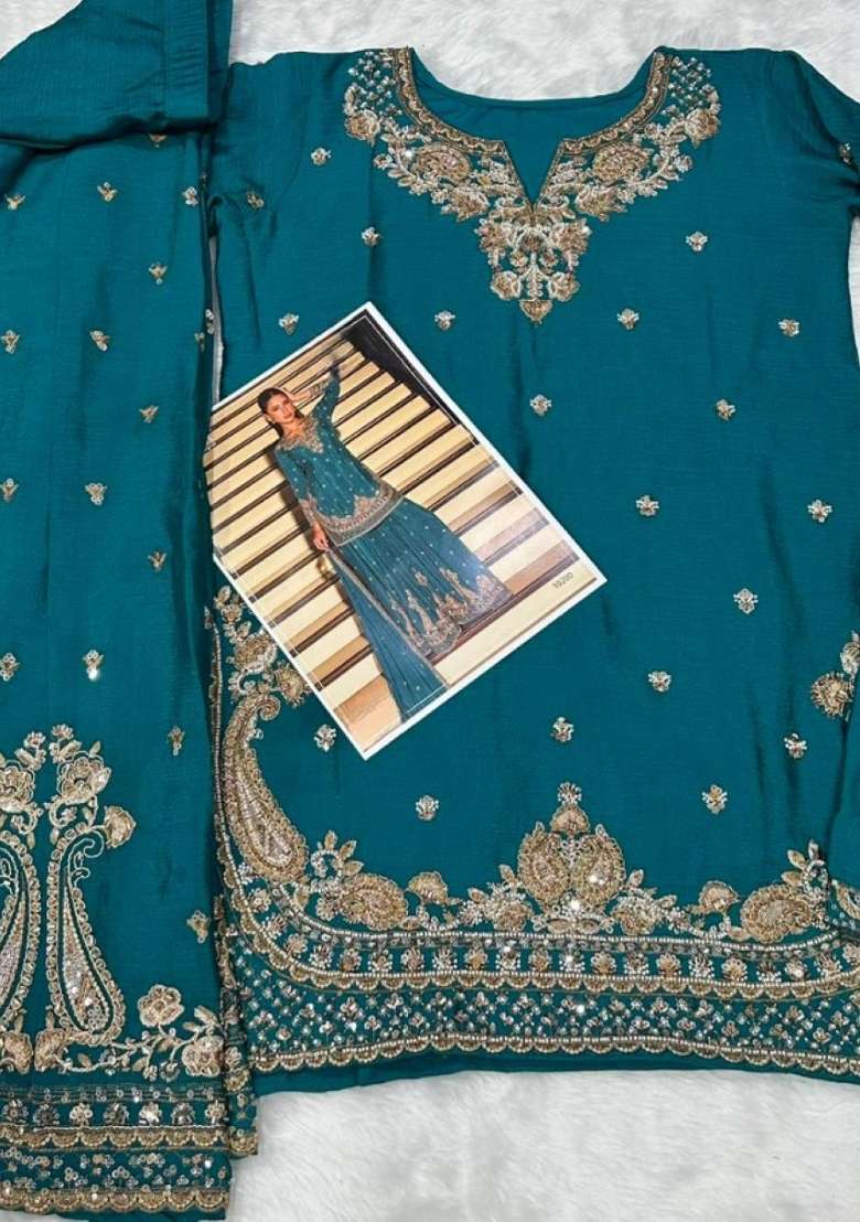 Teal Blue Embroidered Silk Kurta Set - Indya