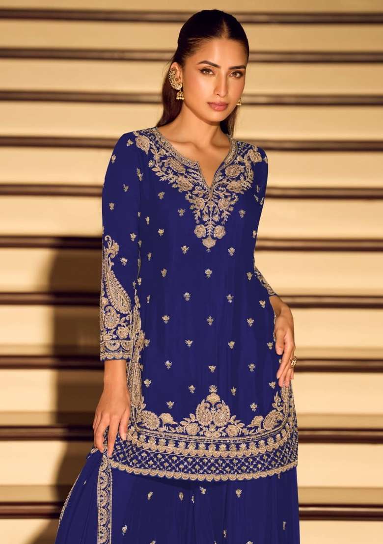 Dark Blue Embroidered Silk Kurta Set - Indya