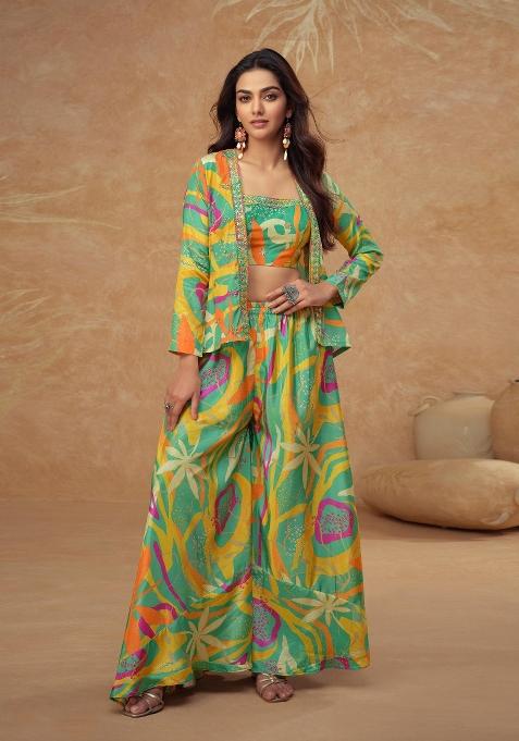 Parrot Green Printed Silk Indo Western