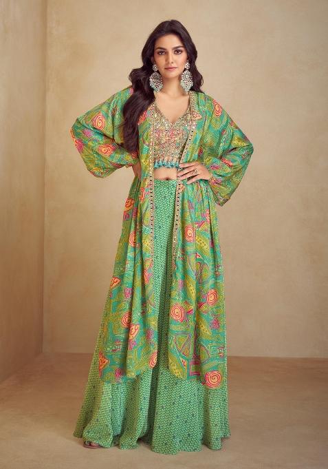 Green Printed Silk Indo Western