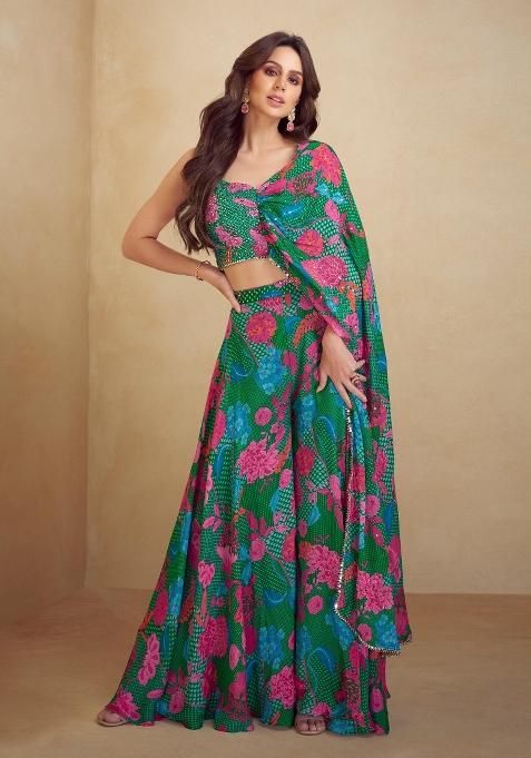 Dark Green Printed Silk Indo Western