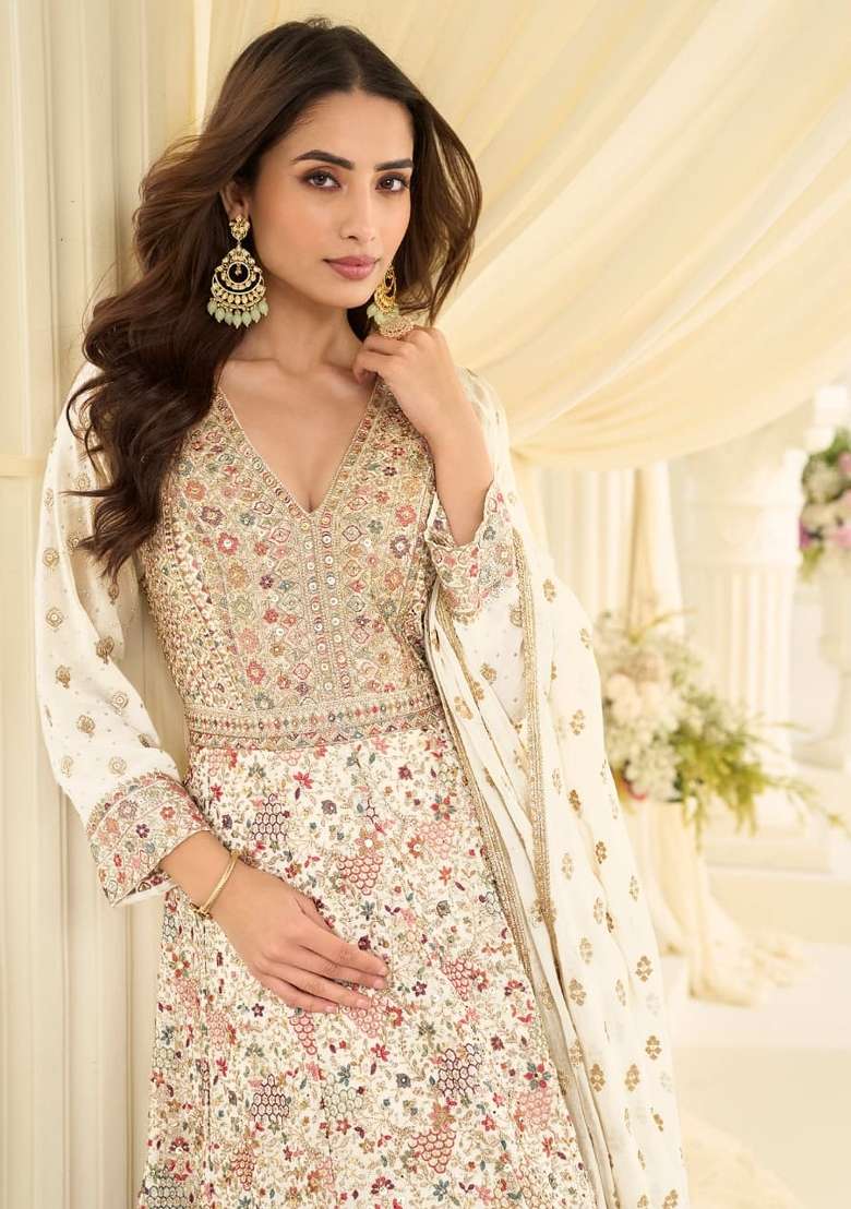 Beige Embroidered Georgette Anarkali With Dupatta - Indya